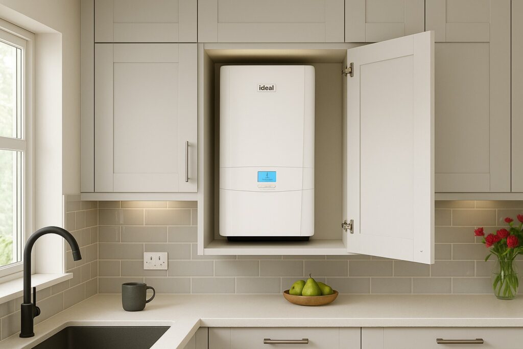 A new boiler installed in a kitchen cupboard