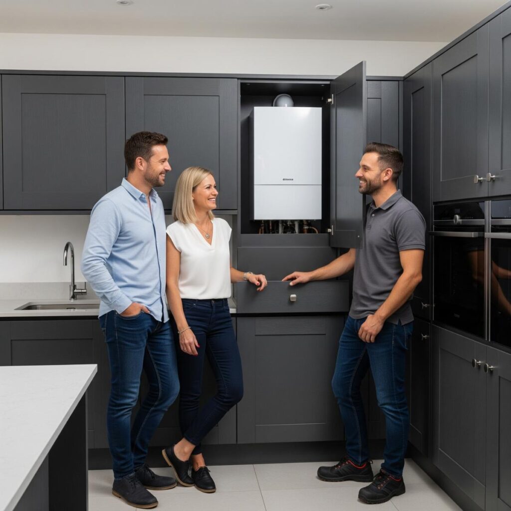 Couple discussing with heating engineer 03