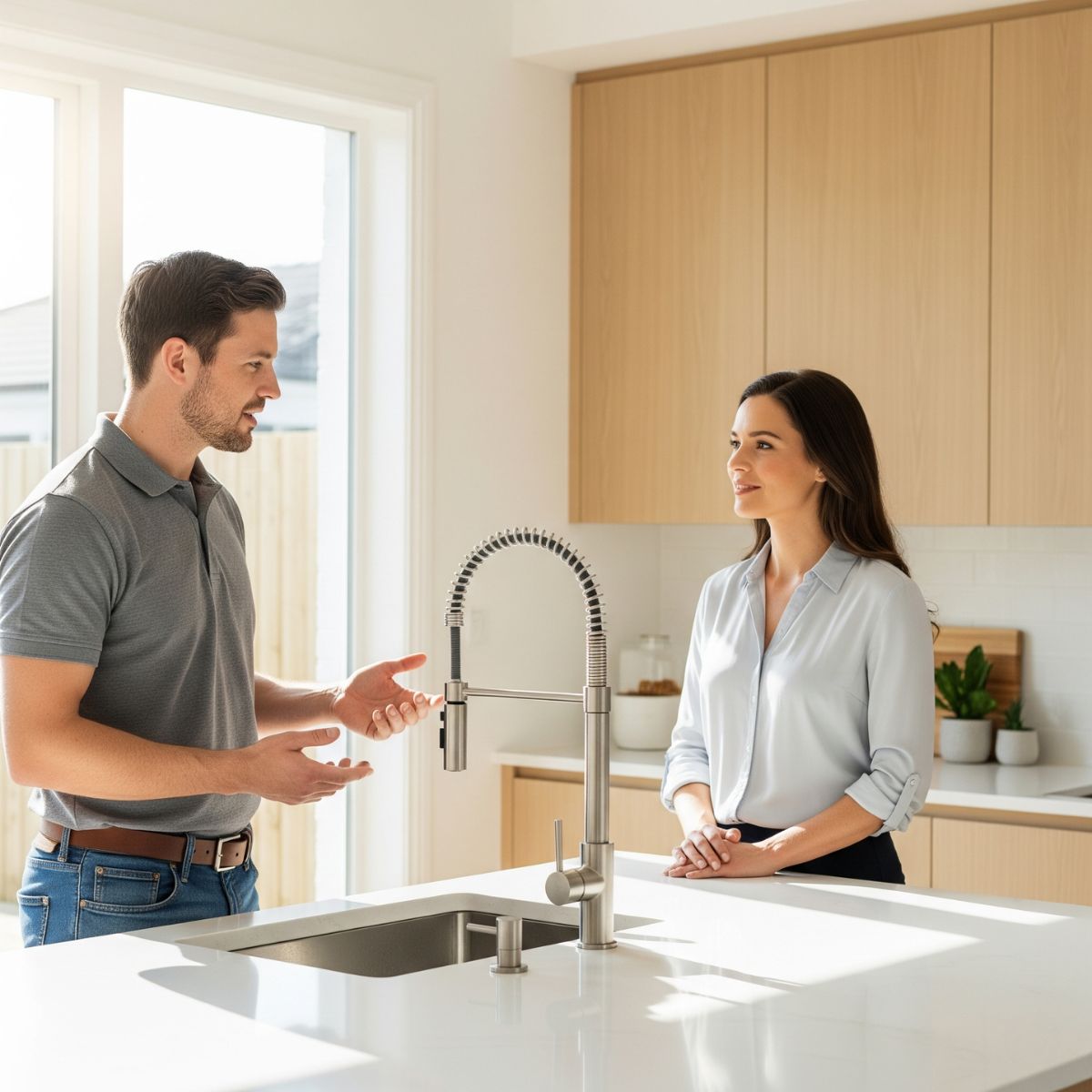 Engineer is describing features to customer