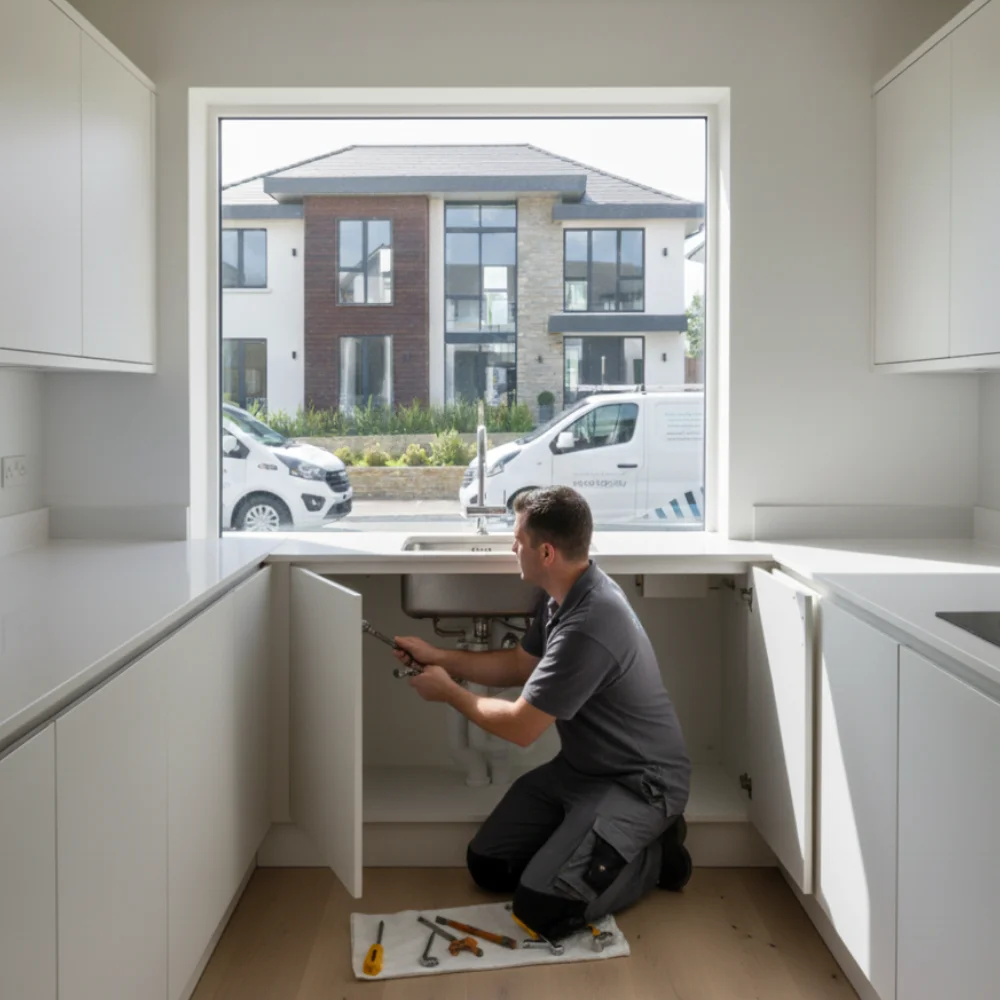 An East & Gray engineer fixing a leaking pipe under a sink