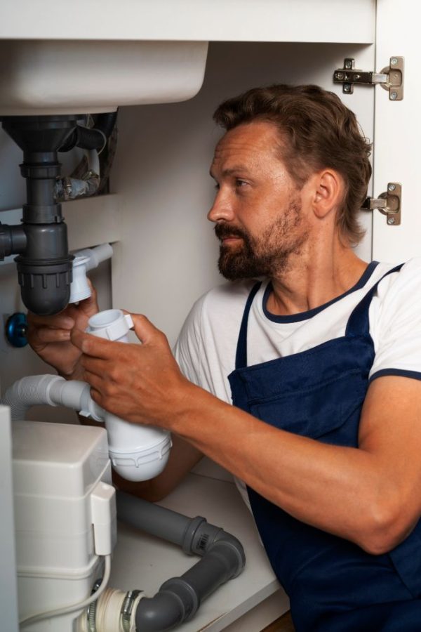 male-plumber-in-uniform-holds-drain-pipe